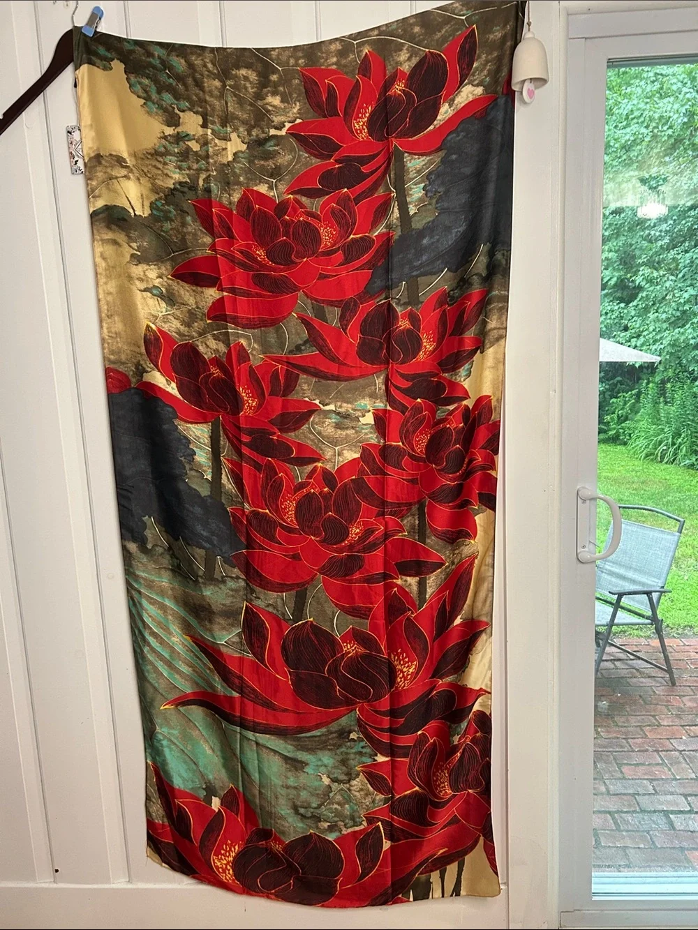 Stunning Bold Red lotus Floral Silk Scarf with Teal and Gold Accents 72”X 34”